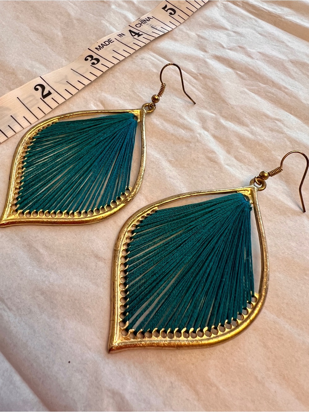 Gold Teardrop Thread Fringe Earrings